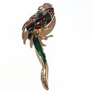 Vintage Gold Tone Red Green Enamel and Pave Rhinestone Tropical Bird Brooch